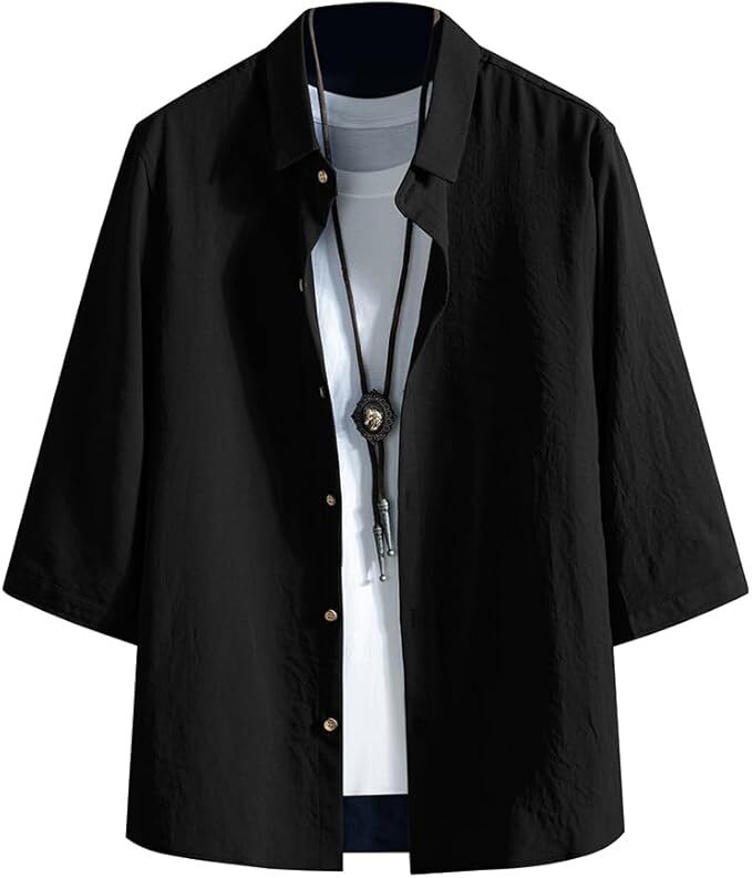 ブラック色 Mサイズ カジュアルにもフォーマルにも 万能メンズシャツ 七分袖 夏服 半袖 おしゃれ 無地 拍卖