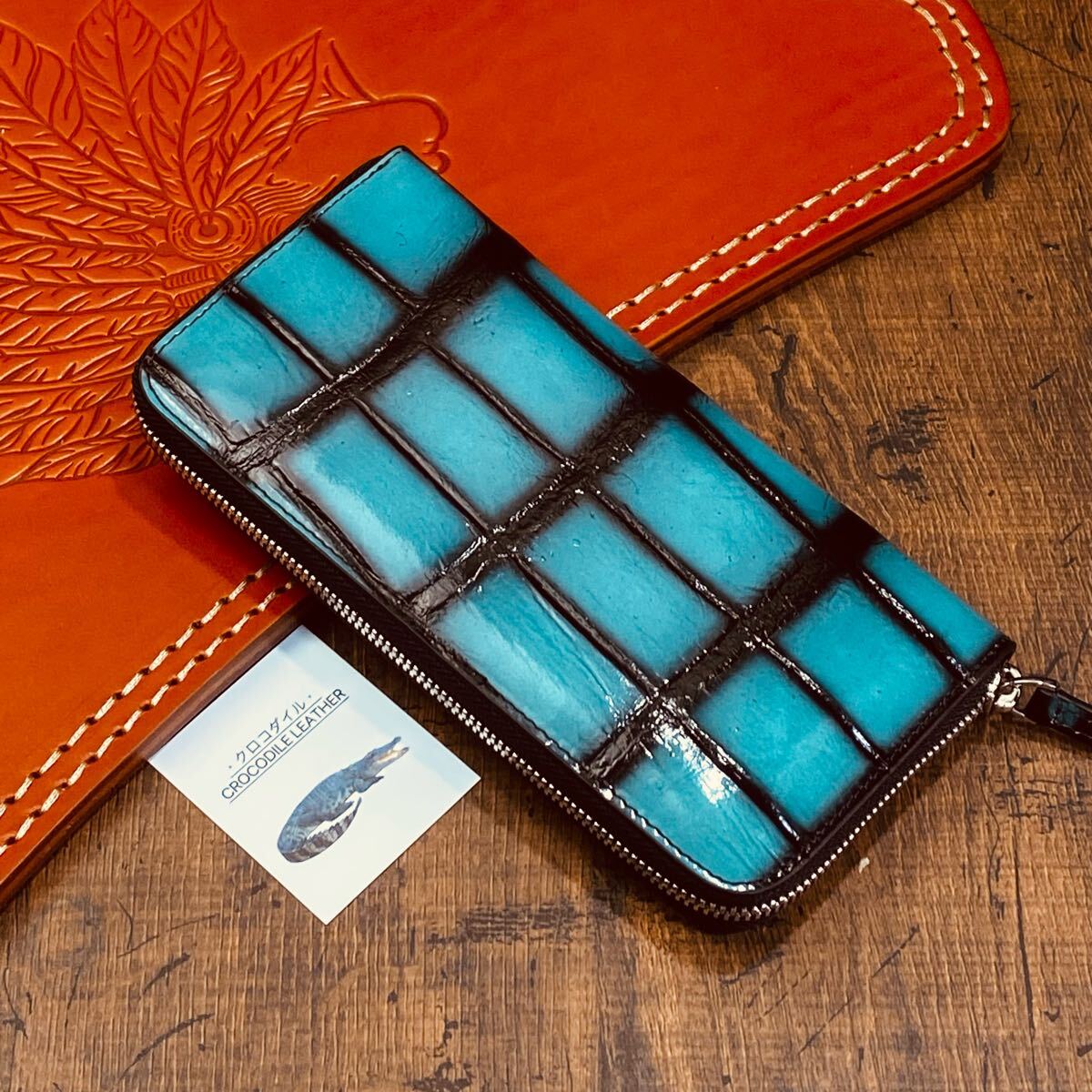 【透き通る青】実物撮影 一枚革 クロコダイル メンズ長財布 ラウンドファスナー 新品 未使用 送料無料 目地染め 1円 メンズ財布 拍卖