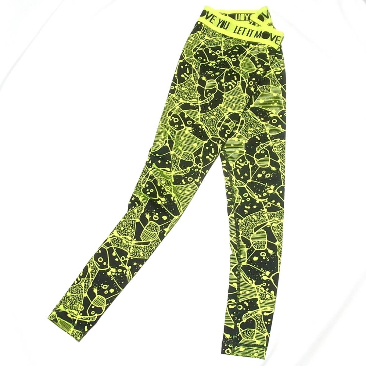 ZUMBA 良品 ズンバ ロングタイツ レギンス サイズS◎グラフィック総柄 アート 黒×蛍光イエロー◎送料無料 コロンビア製拍卖