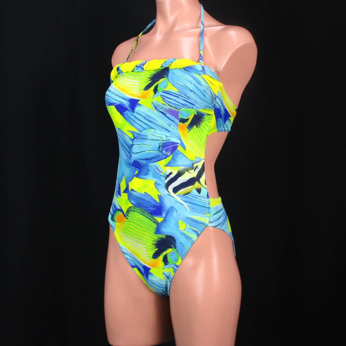 E7716★Jantzen モノキニ ハイレグ 水着 ワンピース レディース 9M セクシー 魚柄 ブルー イエロー 水泳 スイム プール ビーチ 海拍卖