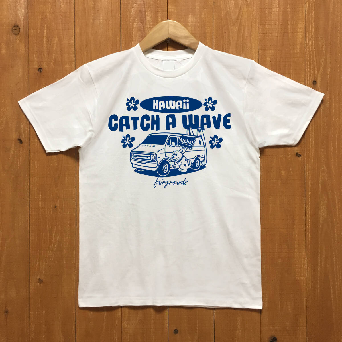■CATCH A WAVE Tシャツ■Mサイズ(ホワイトxブルー) アメ車 ダッジバン サーフィン サ-フ ハワイ DODGE HAWAII拍卖