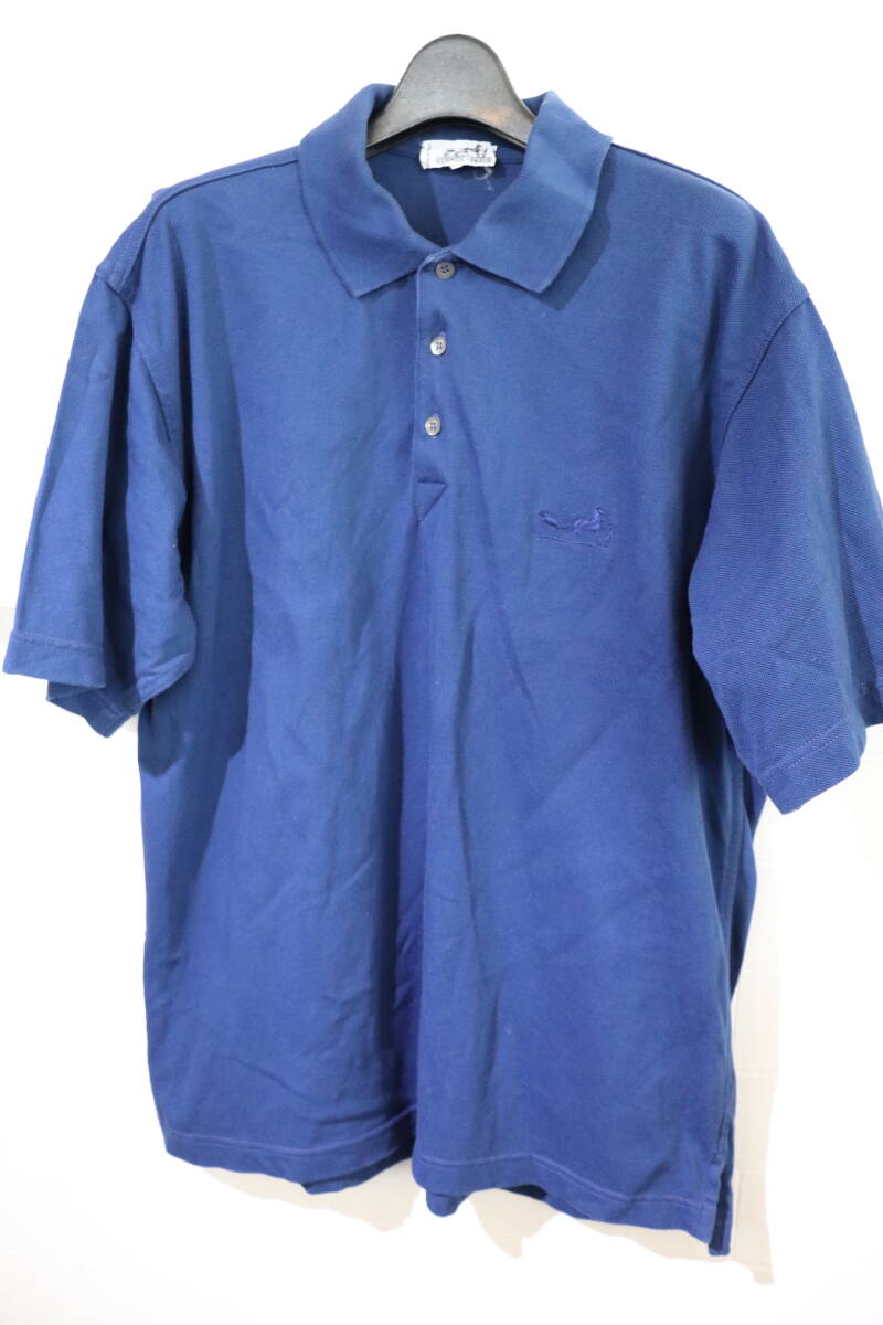 90’s 即決 HERMES エルメス 1990年代 胸ロゴ刺繍入り 半袖鹿の子ポロシャツ メンズ S 大き目 身幅57㎝ ブルーネイビー イタリア製拍卖