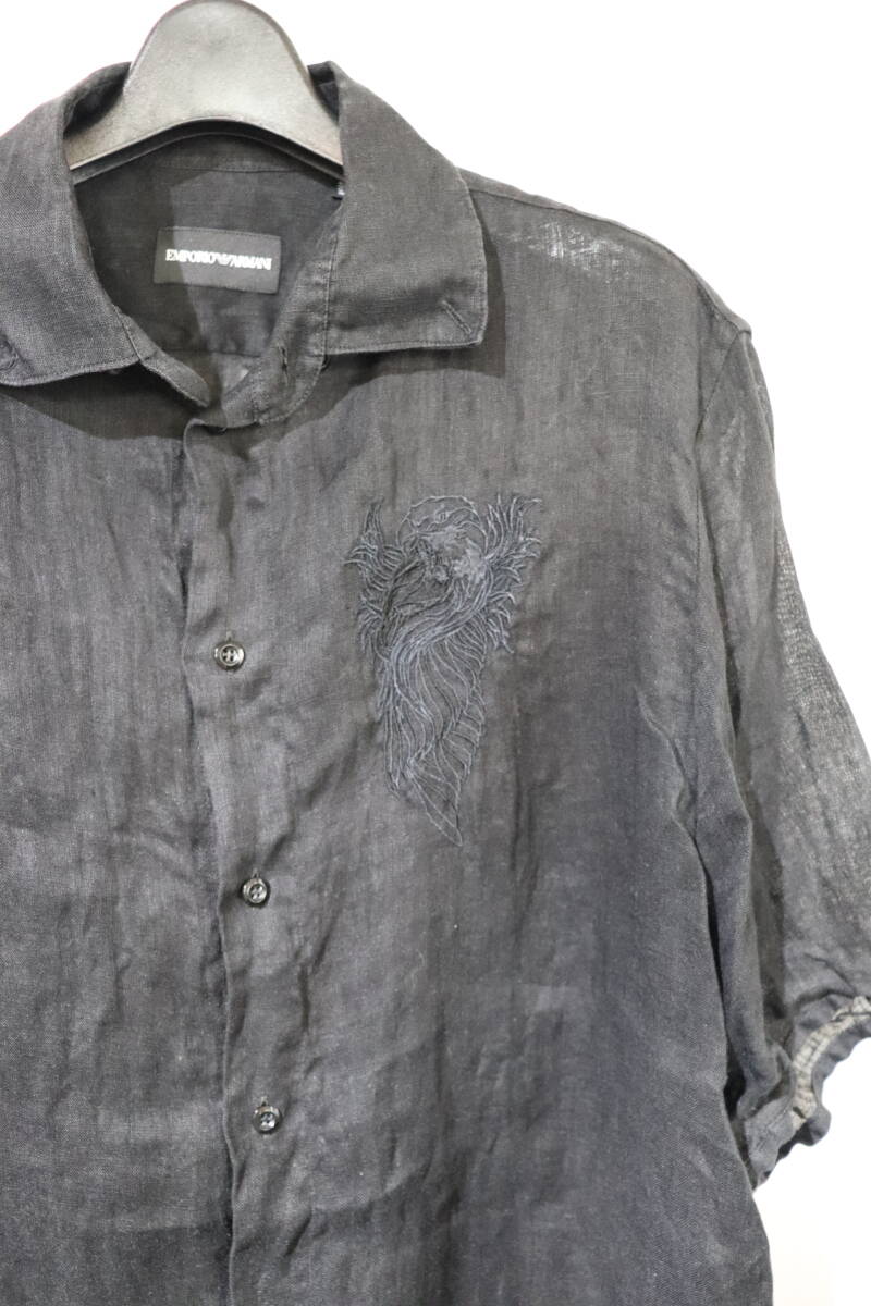 即決 EMPORIO ARMANI エンポリオアルマーニ 不死鳥 フェニックス刺繍 半袖リネンシャツ ボックスシャツ メンズ 42 16 1/2 黒 ブラック拍卖