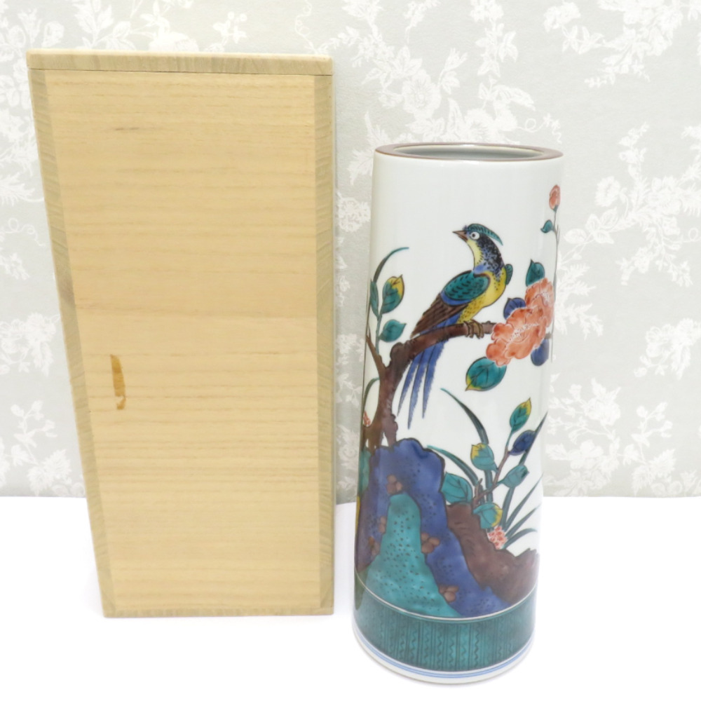 九谷焼 骨董・民芸品 三ツ井詠一 三代 三ツ井為吉 色絵花鳥 花生 花瓶 花器 花入 共箱有 略歴有 インテリア拍卖
