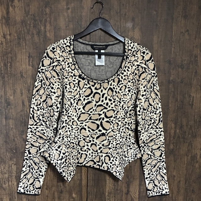 A352◇BCBGMAXAZRIA | ビーシービージーマックスアズリア ペプラムニットトップス ヒョウ柄 ベージュ×ブラック レディース XSサイズ 中古拍卖