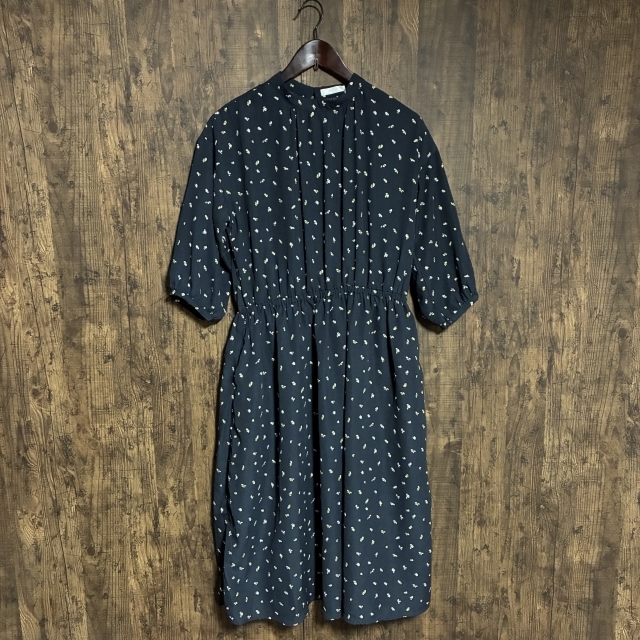 A344◇DRESKIP | ドレスキップ 花柄ウエストゴムワンピース ブラック×ホワイト×グリーン レディース Lサイズ 中古品拍卖