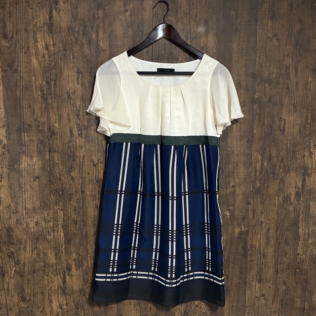 H1◇INTERPLANET | インタープラネット 半袖切替ワンピース アイボリー×ロイヤルブルー×グレー×ブラウン レディース 02サイズ 中古品拍卖