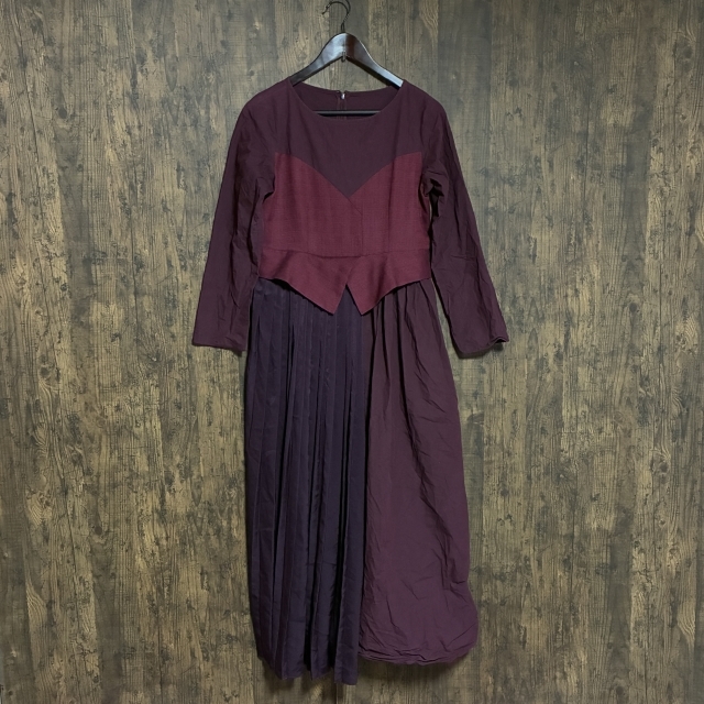 A437◇Ray BEAMS | レイ ビームス 異素材切替ワンピース ワインレッド レディース 1サイズ 中古品拍卖