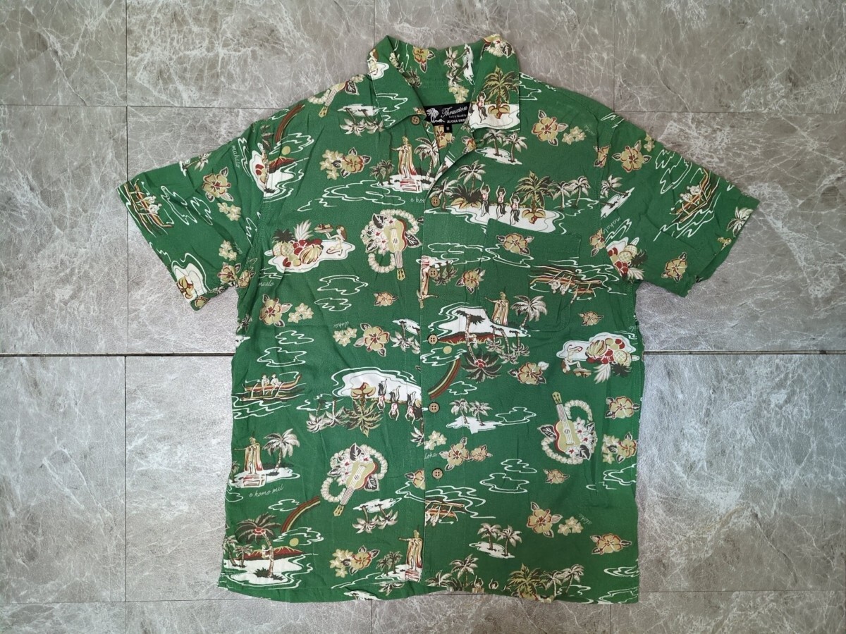 12. レーヨン100% スラクストン 総柄 ハワイ柄 ボックスカット オープンカラー 半袖 開襟 アロハ シャツ Thruxton メンズM 緑系x905拍卖