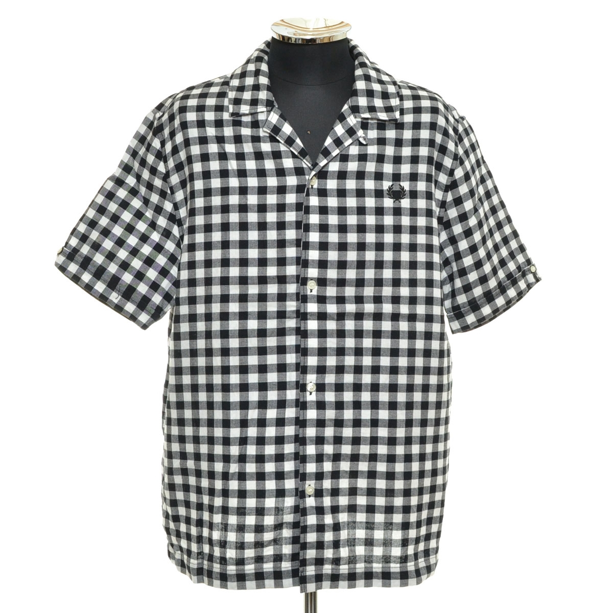 ●553380 FRED PERRY ●オープンカラーシャツ 半袖 22SS GINGHAM REVERE COLLAR SHIRT M3639 サイズL メンズ ブラック ホワイト チェック拍卖