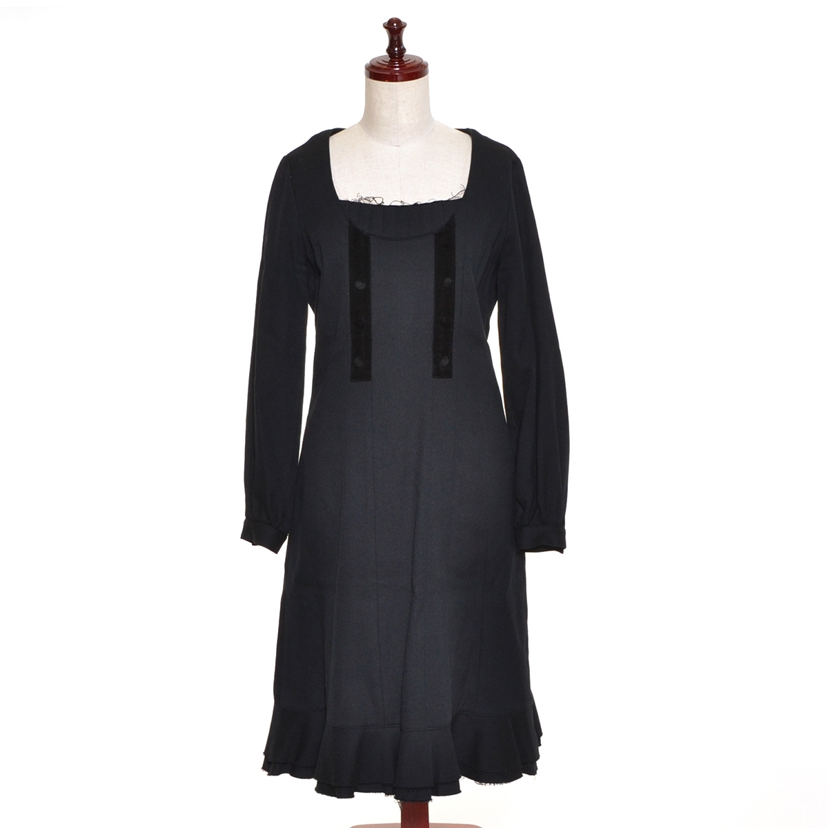 □493279 OSHIMA REI オオシマレイ ○ロングワンピース ドレス コットンウールベロア カットオフ レディース 日本製 ブラック拍卖