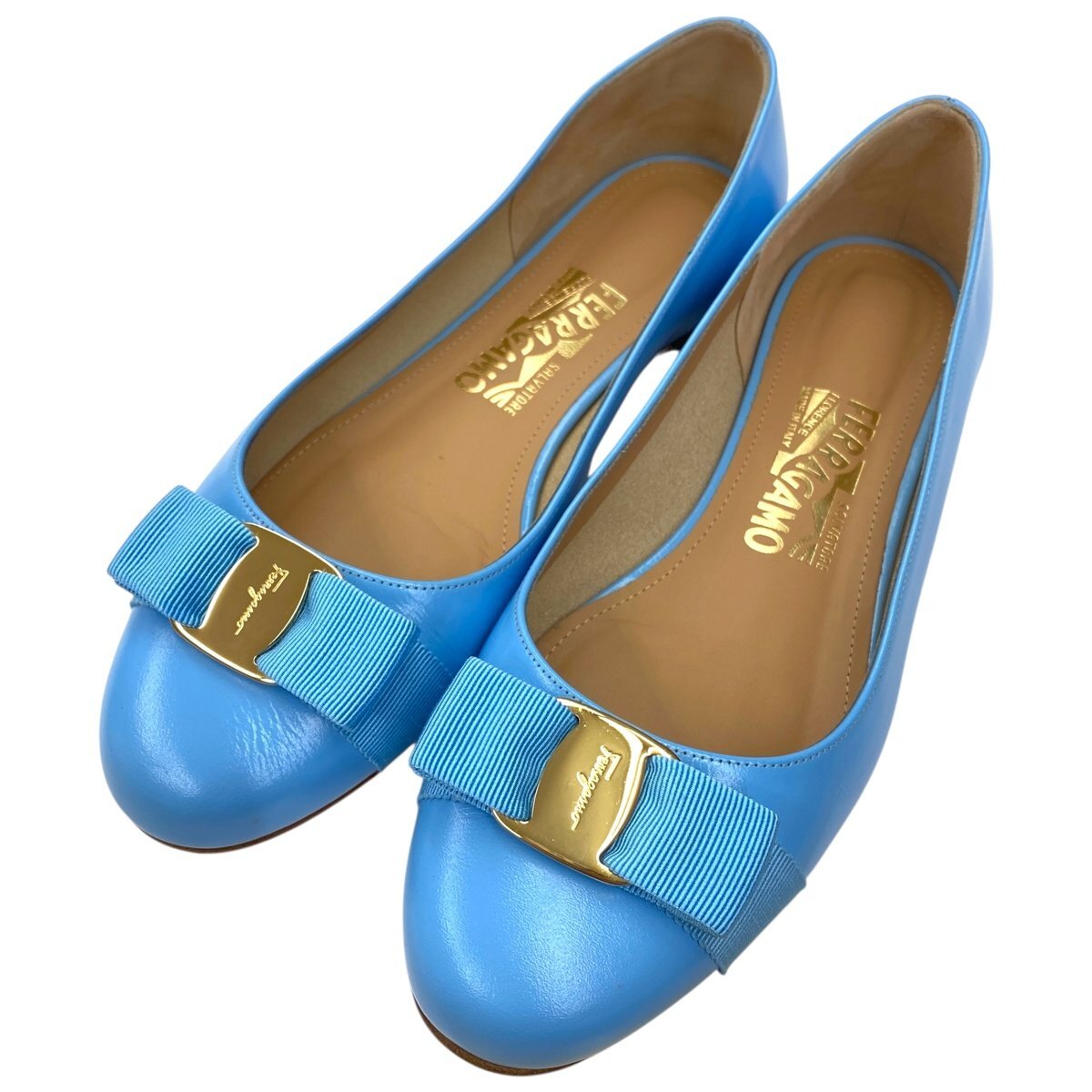 Salvatore Ferragamo サルヴァトーレフェラガモ ヴァラリボンパンプス フラット 7 1/2 25cm 水色 レディース【中古】拍卖