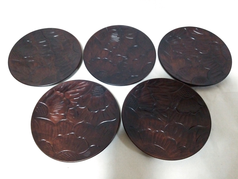 ★【一美堂】★茶道具★木製★花の彫『銘々皿5枚』★名品☆拍卖