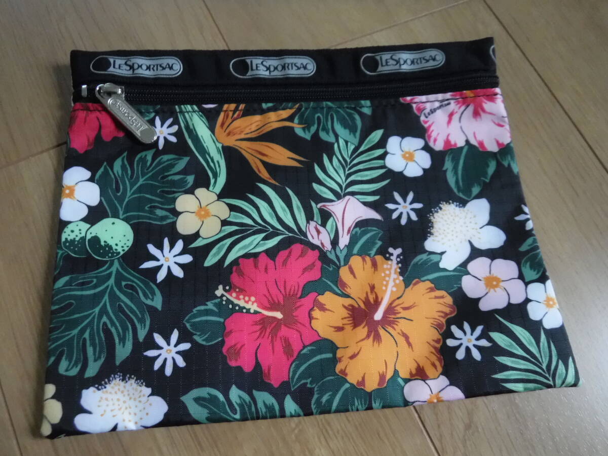 税不要特価 ハワイ柄☆新品!LESPORTSAC レスポートサック ハワイアンボタニカル 黒 ポーチ♪①拍卖