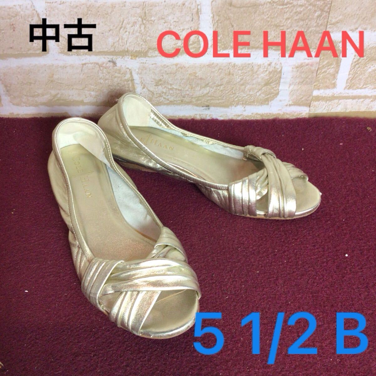 【売り切り!送料無料!】A-322 COLE HAAN!オープントゥパンプス!ゴールド!5 1/2 B!22.5cm位!おしゃれ!ローヒール!中古!拍卖