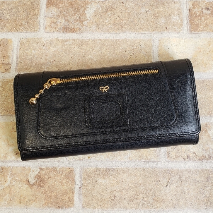 アニヤハインドマーチ レザー フラップ 長財布 ブラック リボン ウォレット ANYA HINDMARCH拍卖