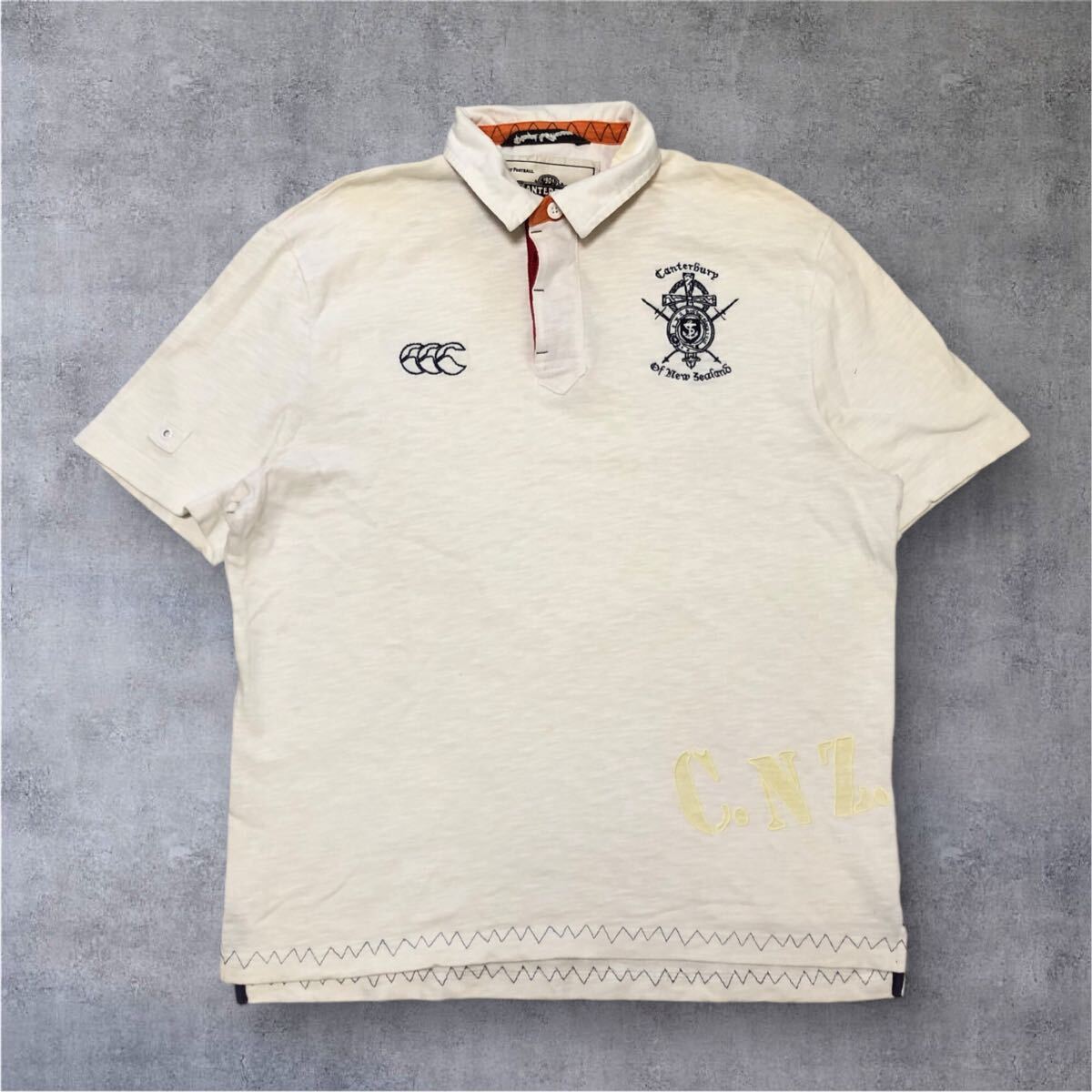 ■CANTERBURY カンタベリー■ロゴ エンブレム刺繍 コットン 半袖 ラガーシャツ オフホワイト L拍卖