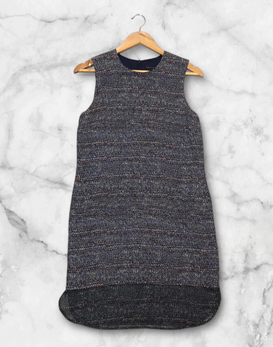 ■theory セオリー■MULTI.TWEED レトロ 総柄 シルク100% ノースリーブ ロングワンピース ネイビー系 2拍卖