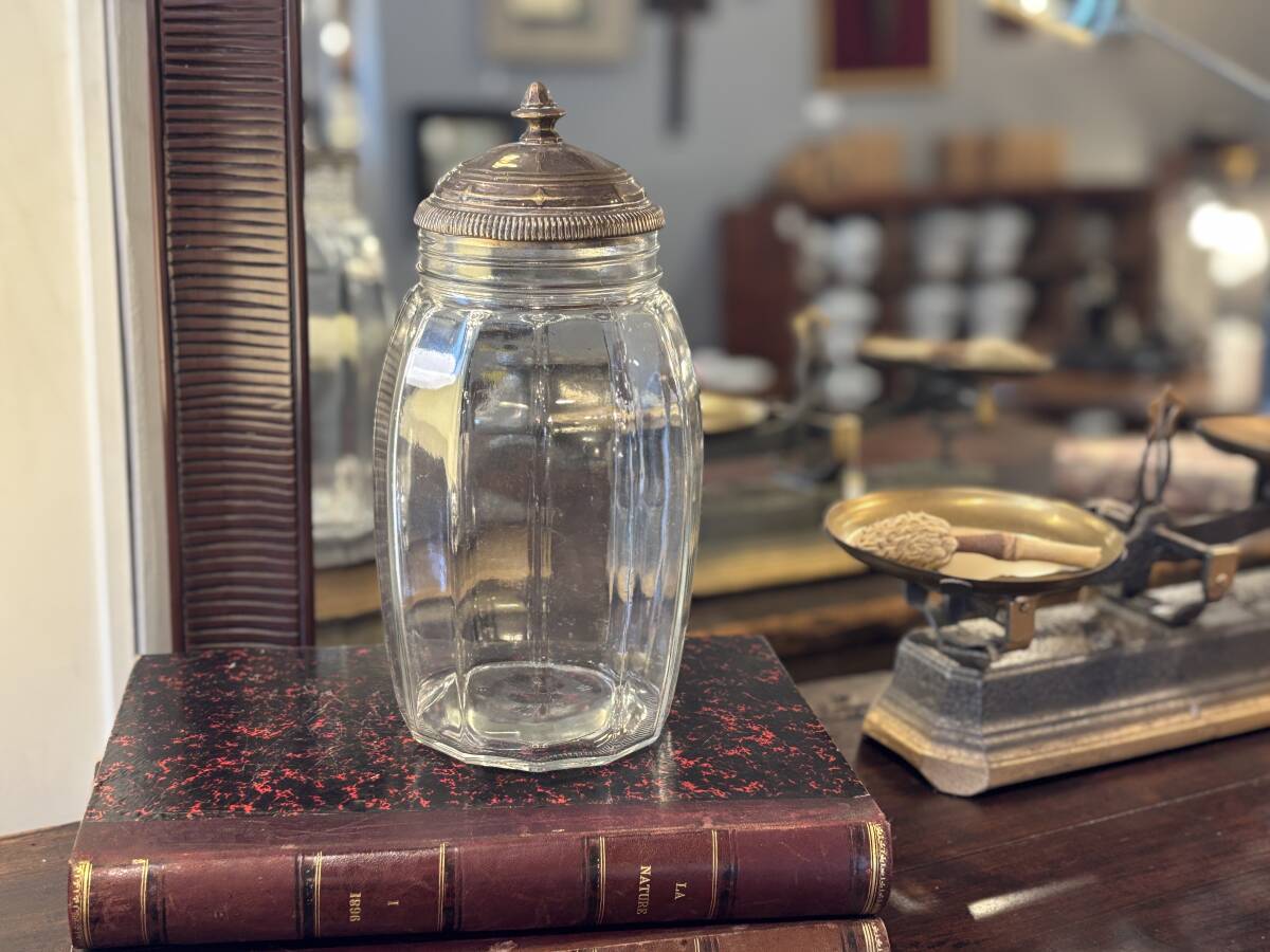 フランスアンティーク ガラスキャニスター/ガラス瓶/ヴィンテージ/ブロカント/花瓶/シルバープレート/拍卖