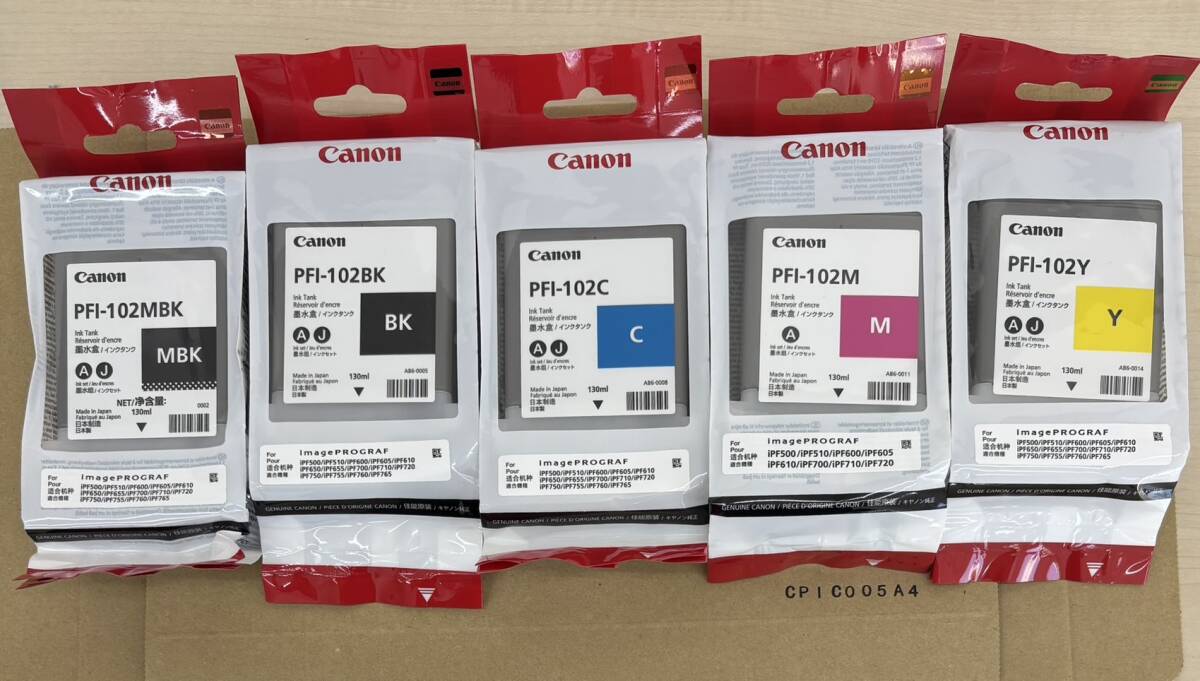Canon キャノン  純正 インクタンク   PFI-102〔MBK/BK/C/M/Y 5個セット〕 期限:2025.12/2023.04/2024.05/2023.06拍卖
