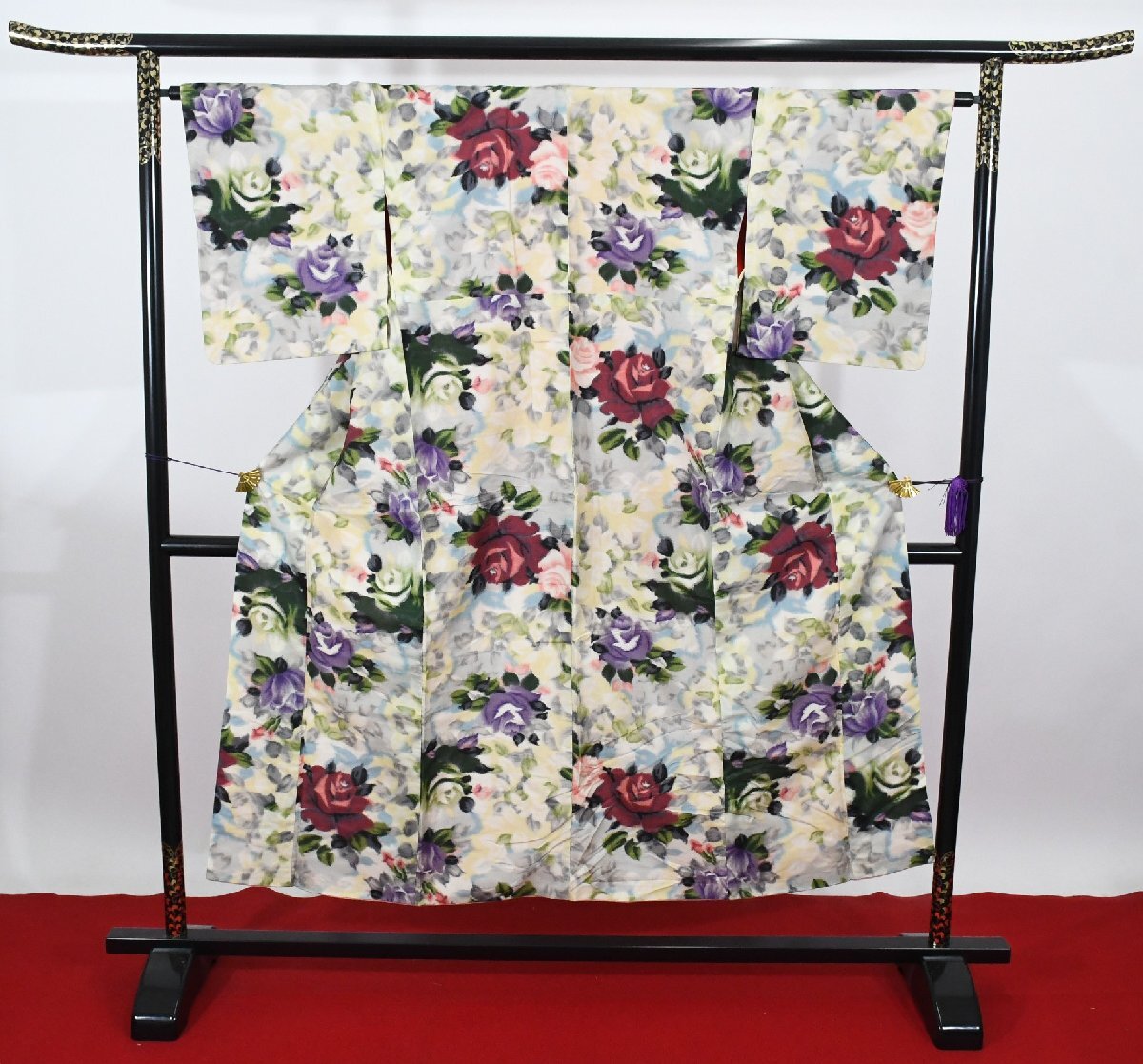 銘仙 花 ローズ アンティーク 薔薇 大正ロマン 身丈141cm 裄丈64cm ★着物 pb-3570 桜庭呉服店拍卖