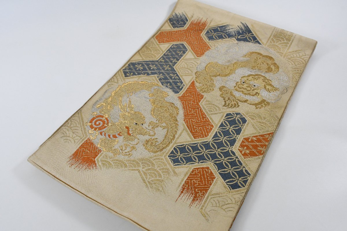 袋名古屋帯 アンティーク 獅子 毘沙門亀甲 帯丈396cm ★着物屋 ne-15564 桜庭呉服店拍卖