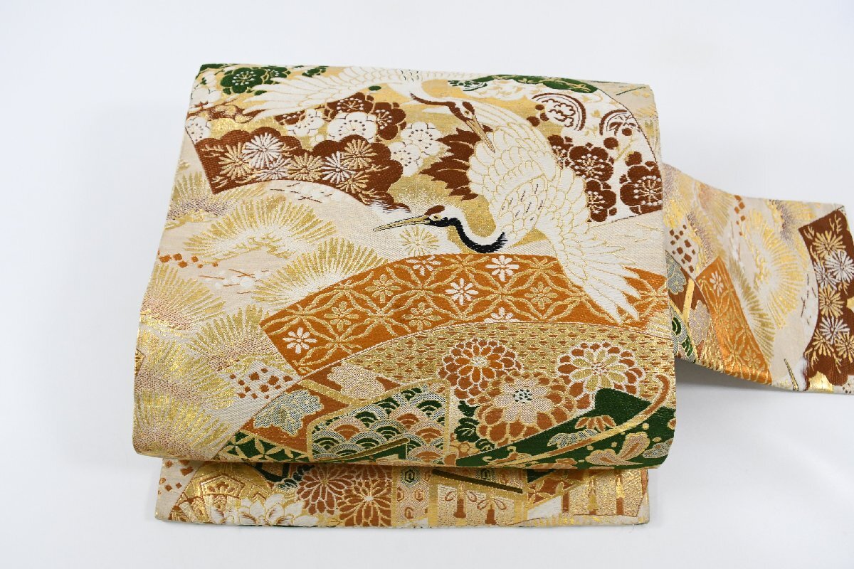 名古屋帯 アンティーク 鶴 松 帯丈338cm ★着物屋 ne-15609 桜庭呉服店拍卖