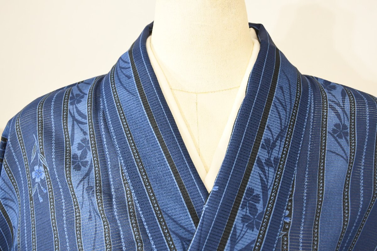 小紋 着物 薄物 絽 縞 花 洗える着物 夏着物 身丈160cm 裄丈67cm ★ kb-7212 桜庭呉服店拍卖
