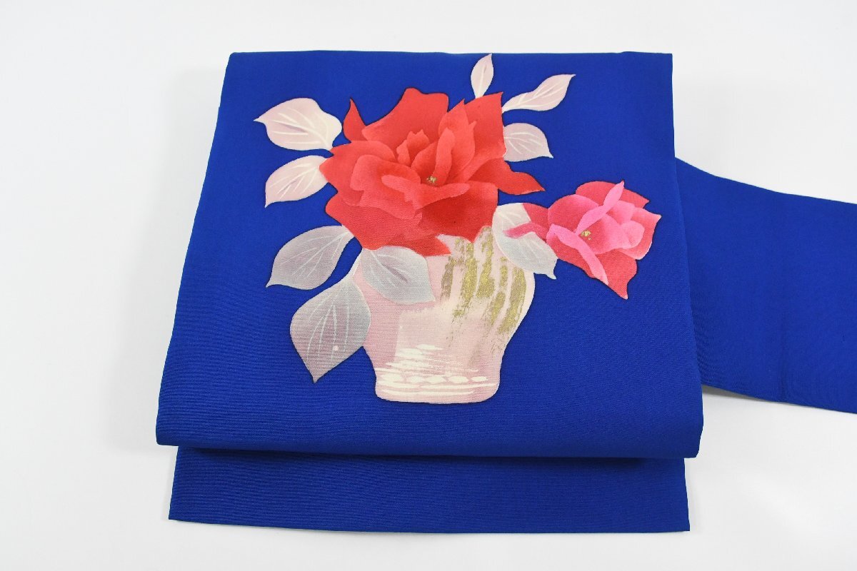 名古屋帯 塩瀬 手描き 薔薇 花瓶 青 帯丈352cm ★着物屋 ne-15673 桜庭呉服店拍卖