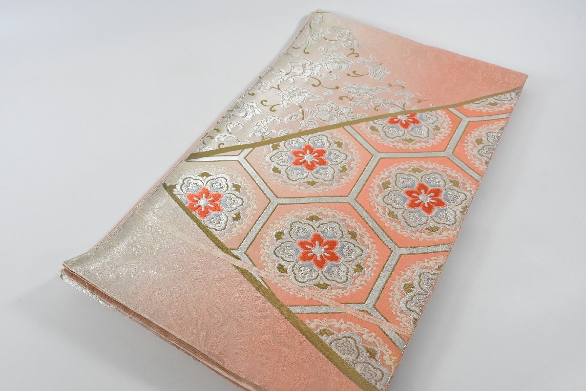 袋帯 未仕立て 六通柄 亀甲 花 帯丈420cm ★着物屋 ne-15693 桜庭呉服店拍卖