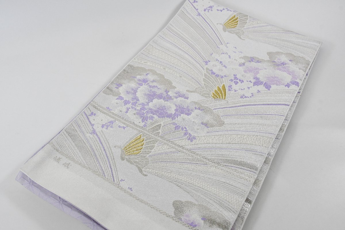 袋帯 六通柄 未仕立て 蝶々 花 帯丈430cm ★着物屋 ne-15766 桜庭呉服店拍卖