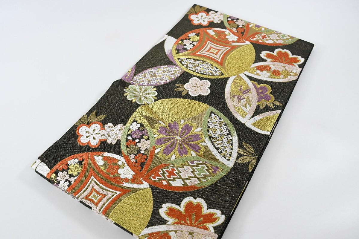 袋帯 七宝柄 六通柄 花 振袖 金糸 帯丈440cm ★着物屋 ne-15748 桜庭呉服店拍卖