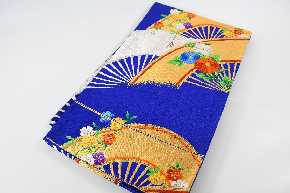 袋帯 六通柄 青 扇子 花 帯丈422cm ★着物屋 ne-15787 桜庭呉服店拍卖