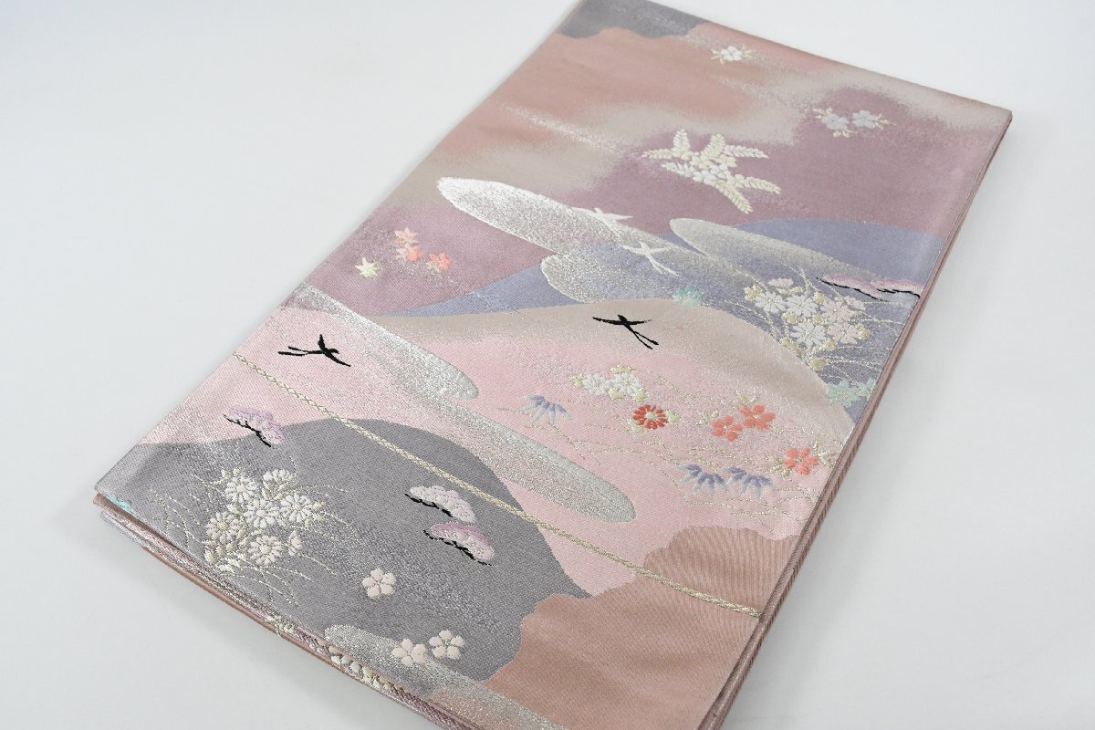 袋帯 未仕立て 六通柄 鳥 風景 帯丈420cm ★着物屋 ne-15783 桜庭呉服店拍卖