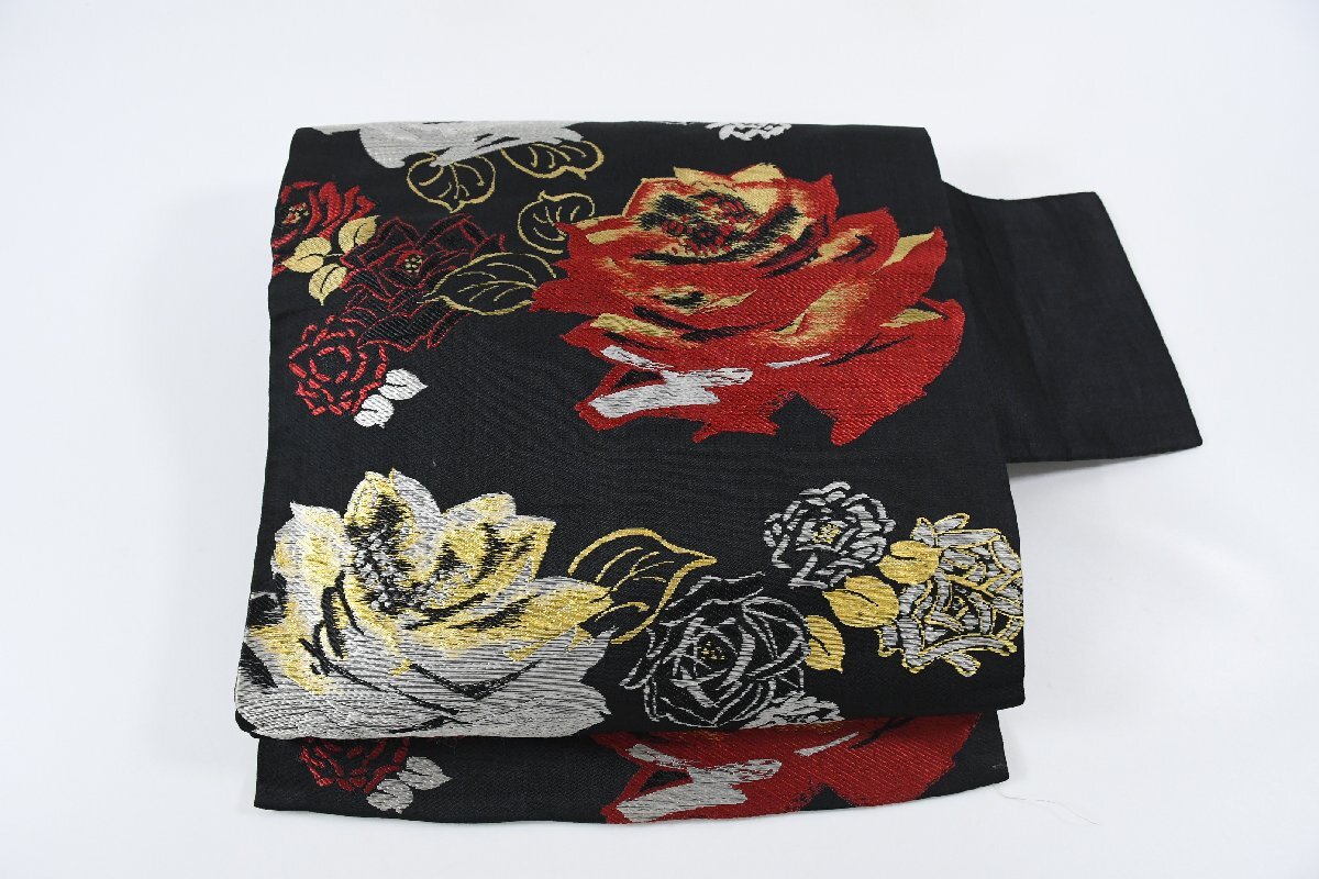名古屋帯 アンティーク 薔薇 黒 花 帯丈338cm ★着物屋 ne-15871 桜庭呉服店拍卖
