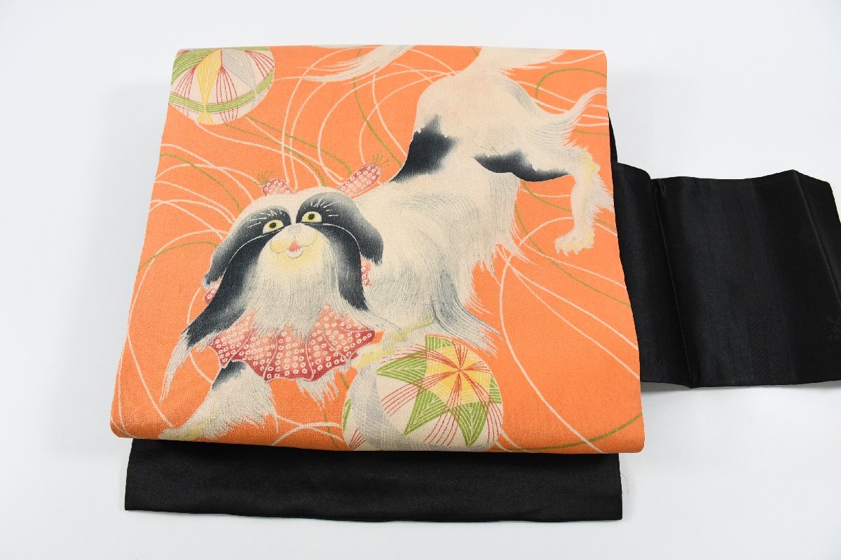 名古屋帯 アンティーク 狆 犬 手毬 帯丈328cm ★着物屋 ne-16002 桜庭呉服店拍卖
