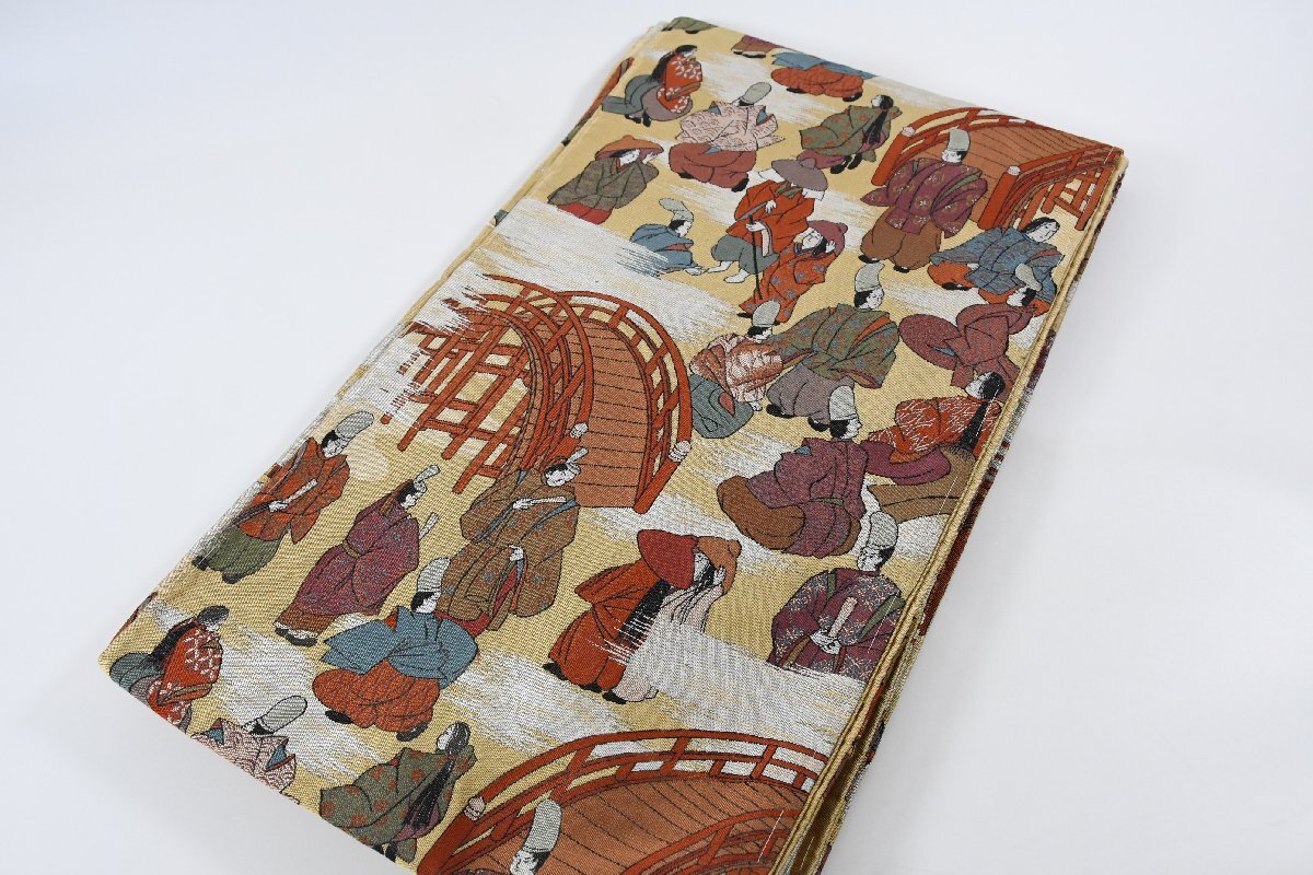 袋帯 全通柄 源氏物語 人物文様 京風景 橋 帯丈422cm ★着物屋 ne-16033 桜庭呉服店拍卖