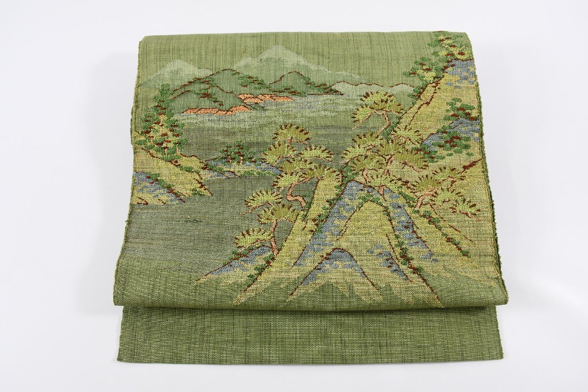 袋名古屋帯 松葉仕立て 風景 遠山文 お太鼓柄 帯丈346cm ★着物屋 ne-16043 桜庭呉服店拍卖