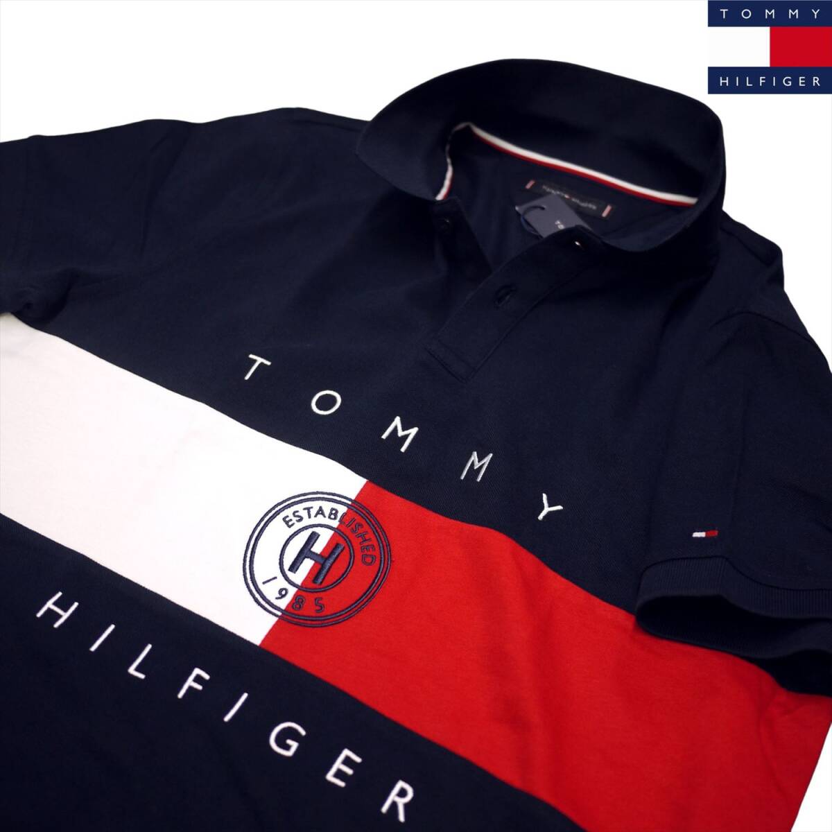 新品 トミーヒルフィガー 刺繍ロゴ ポロシャツ XXL (ネイビーxホワイトxレッド) ゴルフにも!TOMMY HILFIGER USAモデル /25bs302拍卖