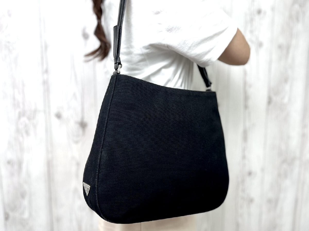 極美品 PRADA プラダ ハンドバッグ ショルダーバッグ バッグ キャンバス×レザー 黒 87167拍卖