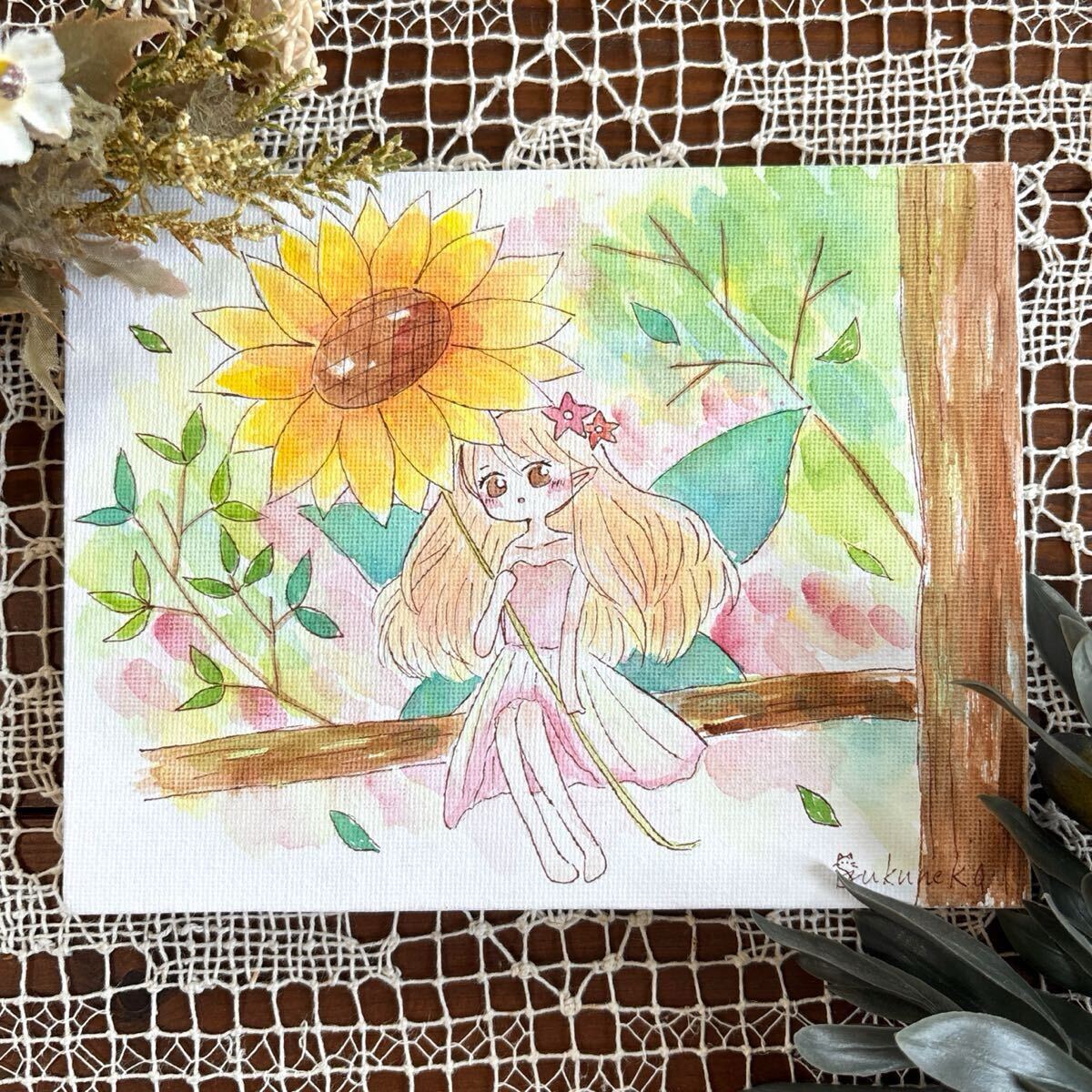 雫猫 nyago 水彩画 妖精 ひまわり 手描きイラスト ボタニカル 絵 絵画 イラスト 手描き 画家 真作 原画 美術 インテリア アート キャンバス拍卖