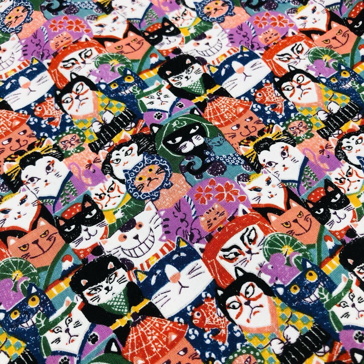 50cm スケアー はぎれ ネコ柄 歌舞伎 くまどり 忍者 小物作りに 108×50 猫拍卖