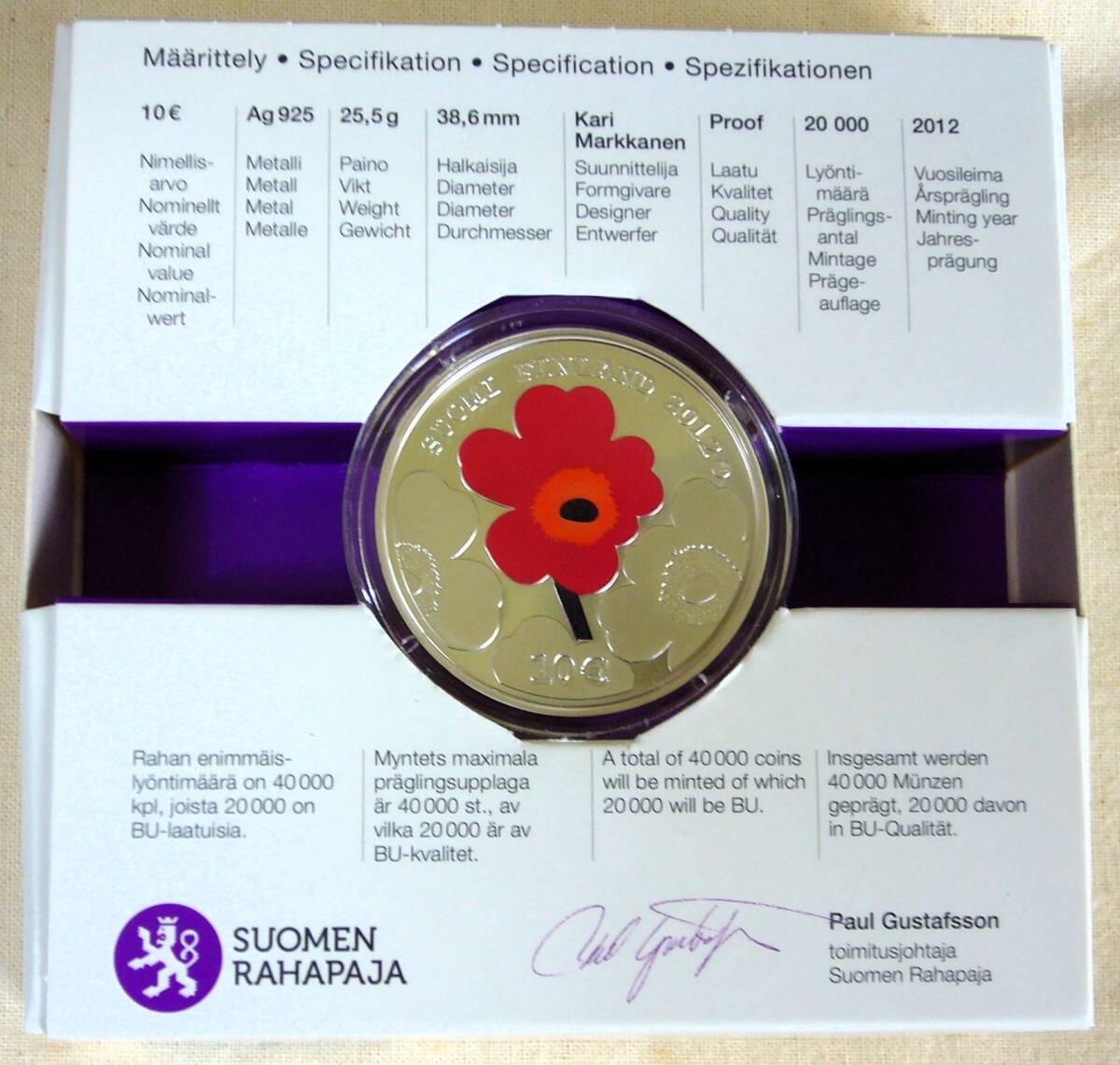 マリメッコ 創業者アルミ・ラティア生誕100周年記念コイン フィンランド 2012年 10ユーロ カラー銀貨プルーフ ウニッコ拍卖