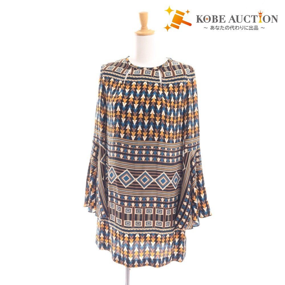 ■ イッサ ロンドン シャツ ロングブラウス 長袖 トップス 柄物 フレアスリーブ シルク レディース US2 マルチカラー ブラウン系拍卖