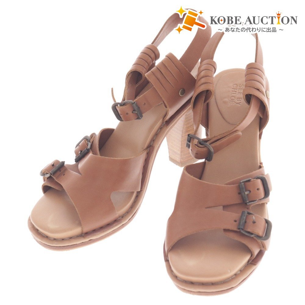 ■ シーバイクロエ サンダル 靴 シューズ チャンキーヒール ベルト レディース 36 ブラウン 付属品付き拍卖