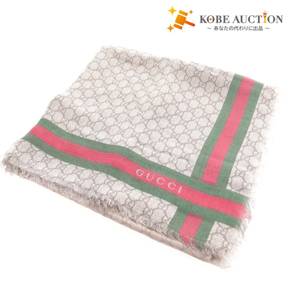 ■ グッチ マフラーストール 200882 総柄 ライン 服装小物 イタリア製 レディース ベージュ系拍卖