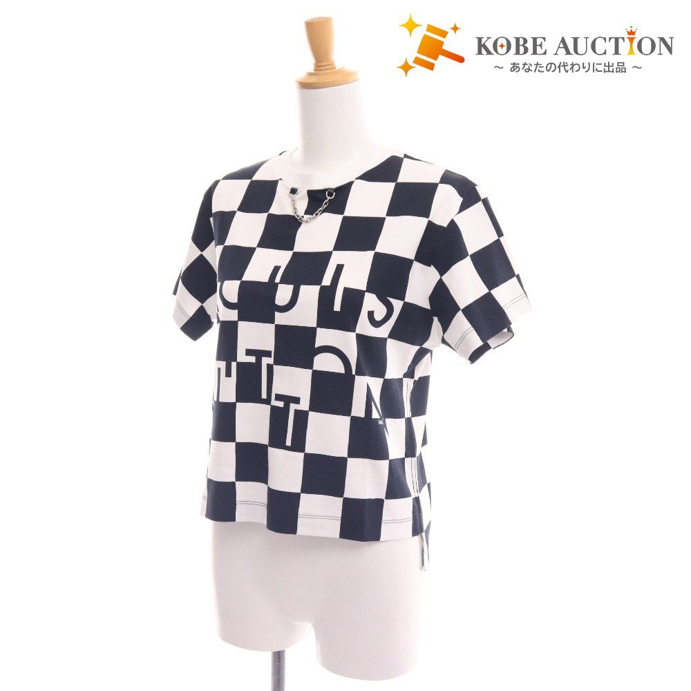 ■ ルイヴィトン Tシャツ 半袖 トップス チェーン チェック 格子柄 綿100% レディース S ホワイト ブラック拍卖