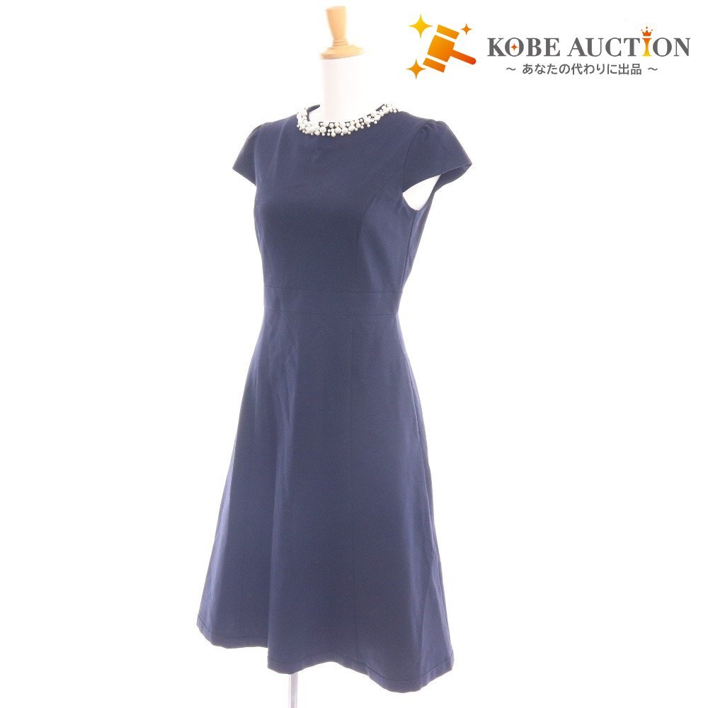 ■ トッカ ワンピース フレンチスリーブ トップス ボトムス パール ビジュー フレア ひざ丈 レディース XS ネイビー タグ付き 未使用拍卖
