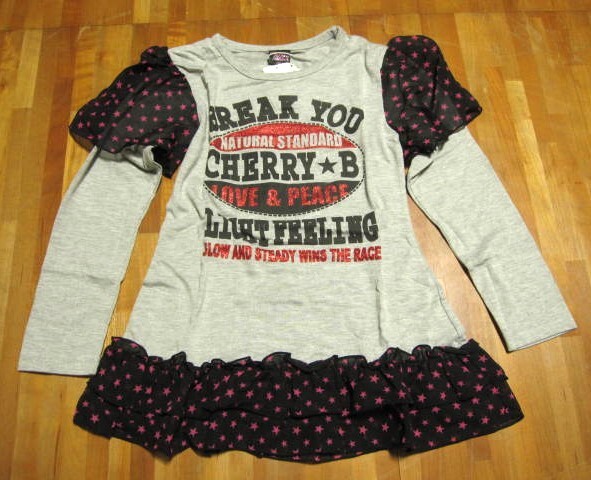 *送料無料*新品*130*グレー*Cherry Black*長袖Tシャツ*肩裾フリル*☆ラメ*拍卖