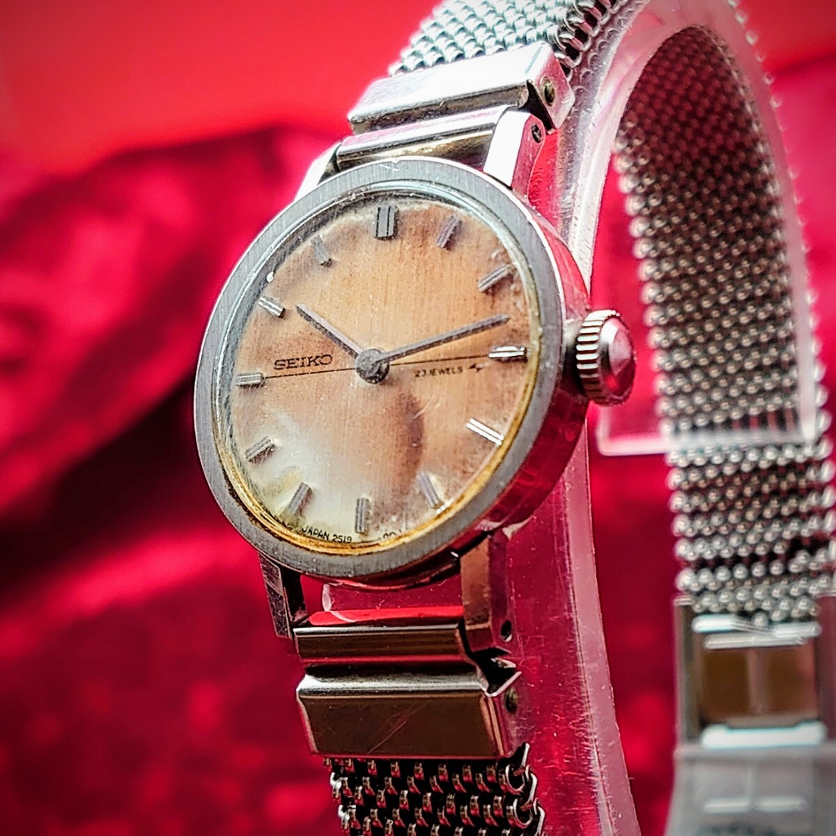 705【手巻き/動作品】ビンテージ SEIKO 23石 2591-0012 2針アナログ レディース 腕時計 セイコー シルバー 伸びるメタルバンド拍卖